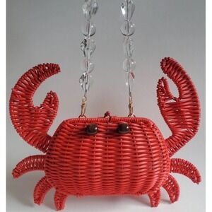 Tommy Bahama Viral Crab Red Wicker Crossbody Bag, Beaded Handle & Gold Chain NEW